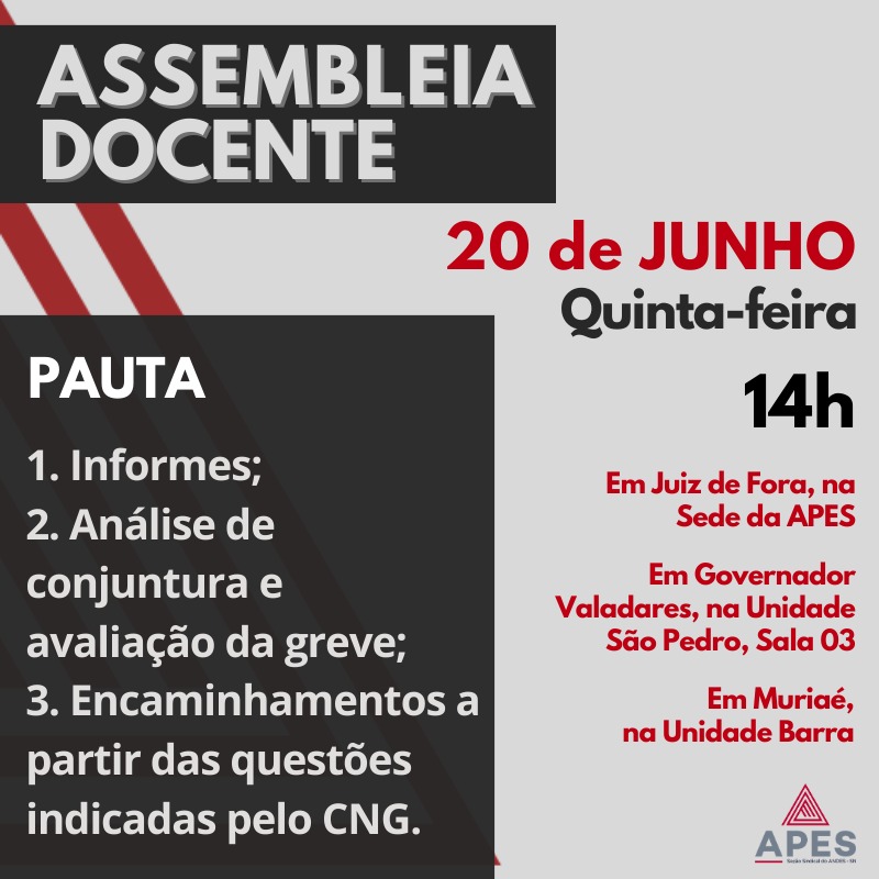Leia mais sobre o artigo Docentes realizam assembleia nesta quinta feira, 20 de junho