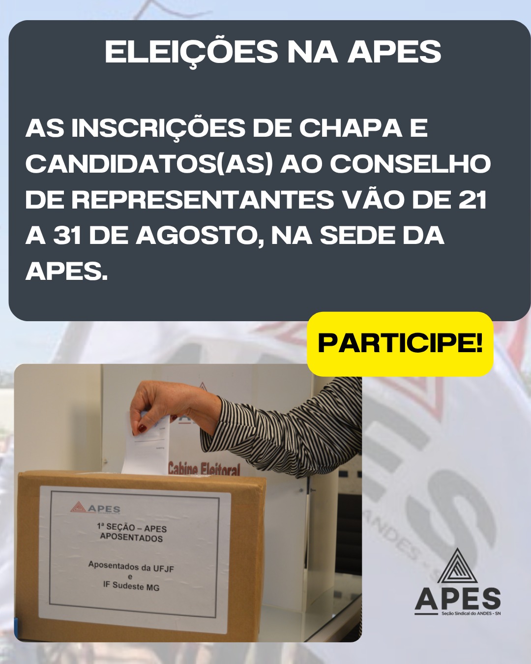 Leia mais sobre o artigo Estão abertas as inscrições de chapas e candidatos ao Conselho de Representantes para o Biênio 2026/2028 na APES