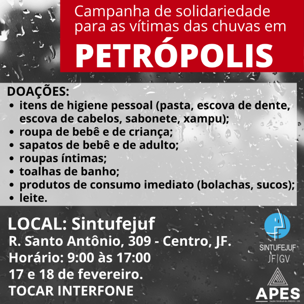 You are currently viewing APES e Sintufejuf realizam campanha de arrecadação para vítimas das chuvas em Petrópolis