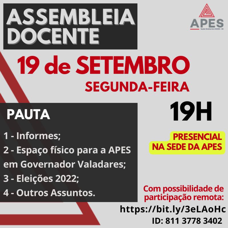 Read more about the article APES realiza assembleia na próxima segunda-feira